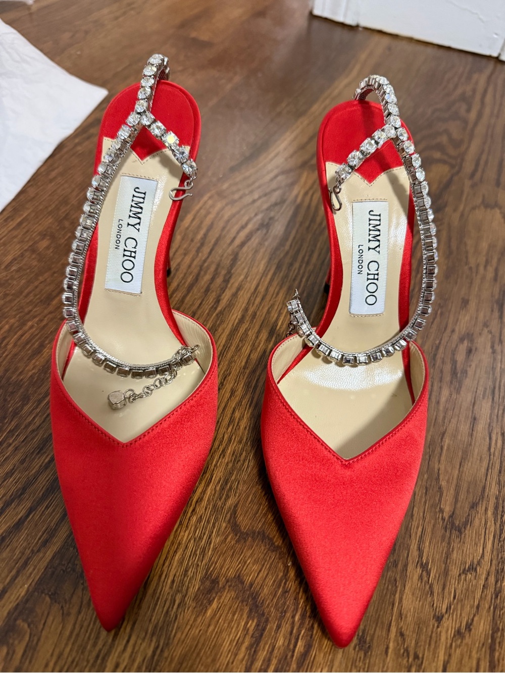Jimmy Choo Red Satin Pointed Crystal-Embellished Slingbacks